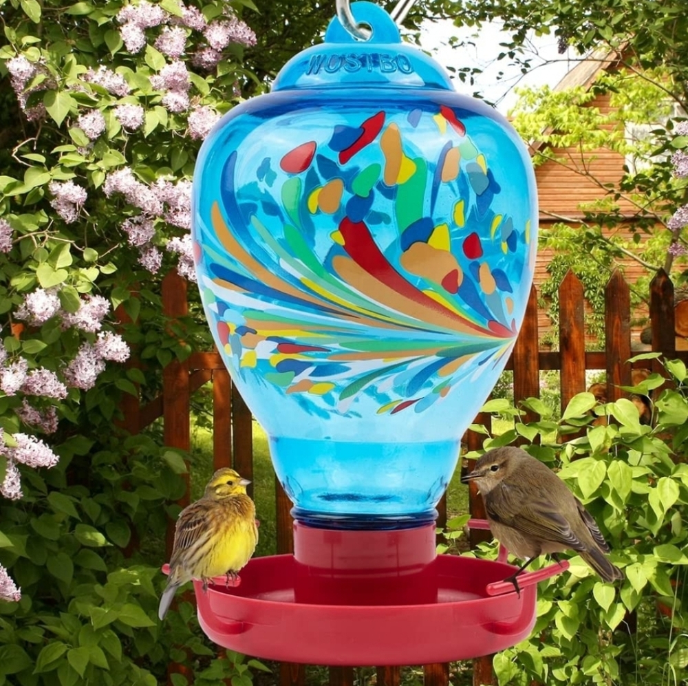 Colorful Glass Wild Bird Waterer 32 Oz Bird Water Feeder for Outdoors Garden Out